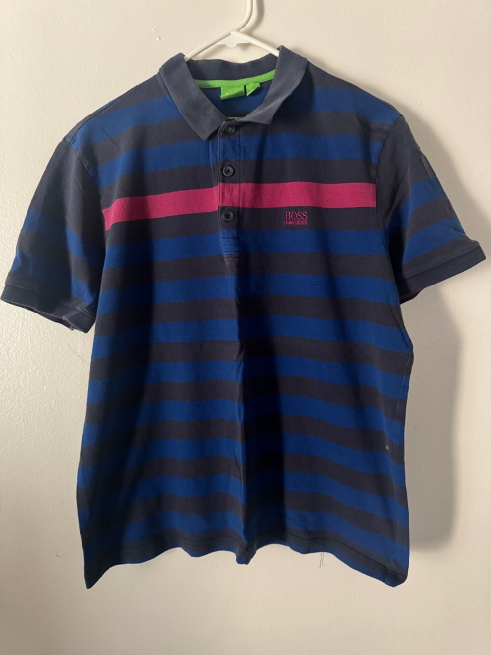 BOSS Polo Shirt in Pink, Blue and Navy with Green Trim - Picture 5 of 6